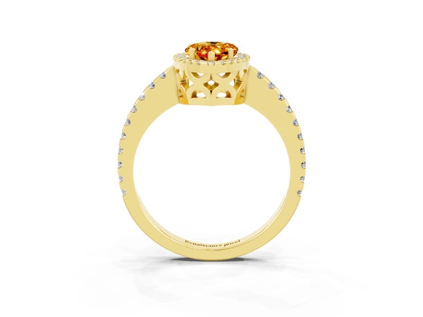 Yellow gold Pear Cut Citrine Halo Engagement Ring with Pavé Band and Prong Setting