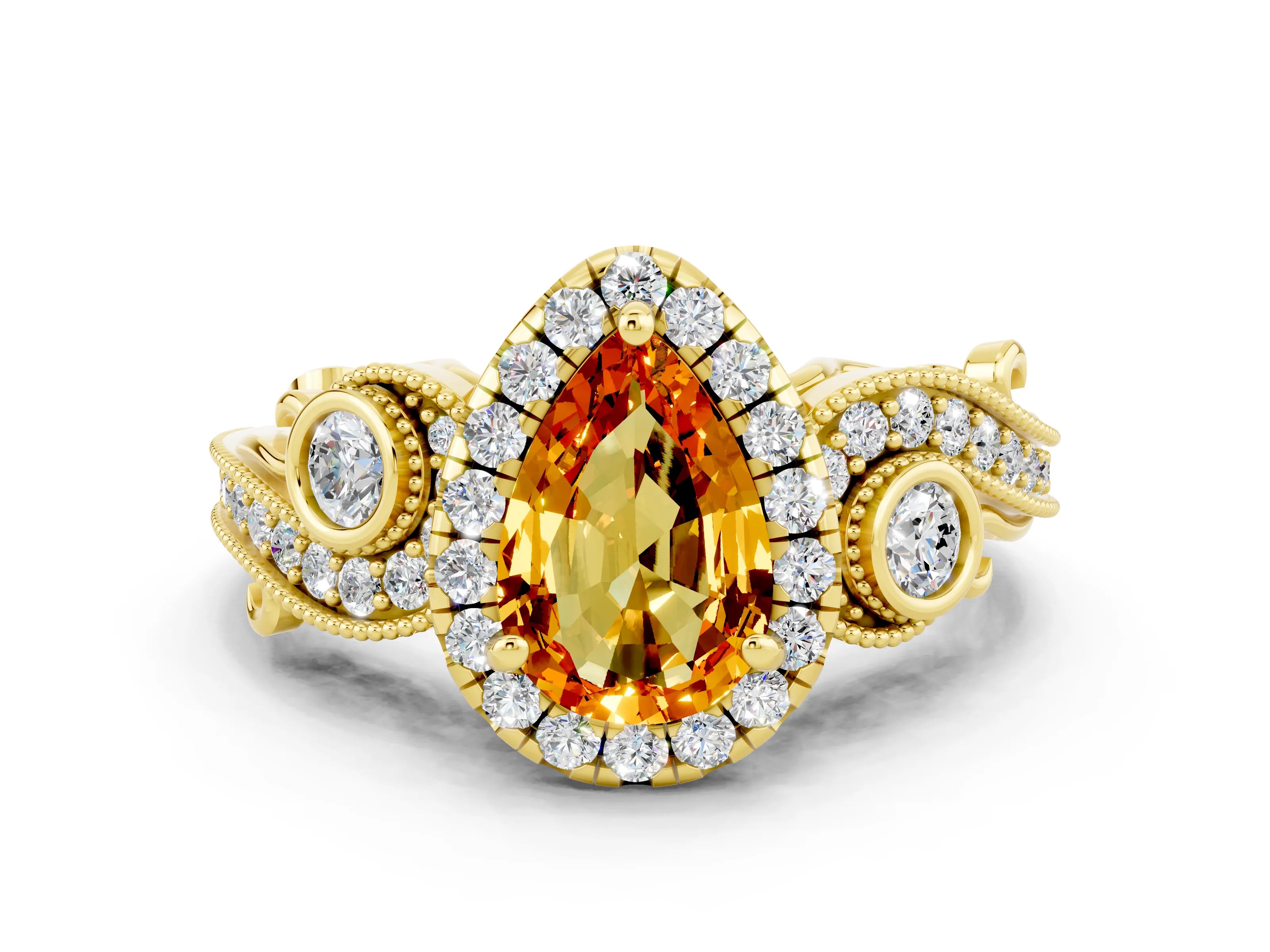 Yellow gold Pear Cut Citrine Halo Ring with Milgrain Pavé Band and Four-Prong Setting_12