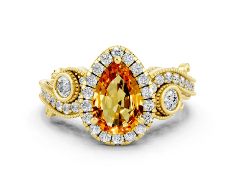 Yellow gold Pear Cut Citrine Halo Ring with Milgrain Pavé Band and Four-Prong Setting_12