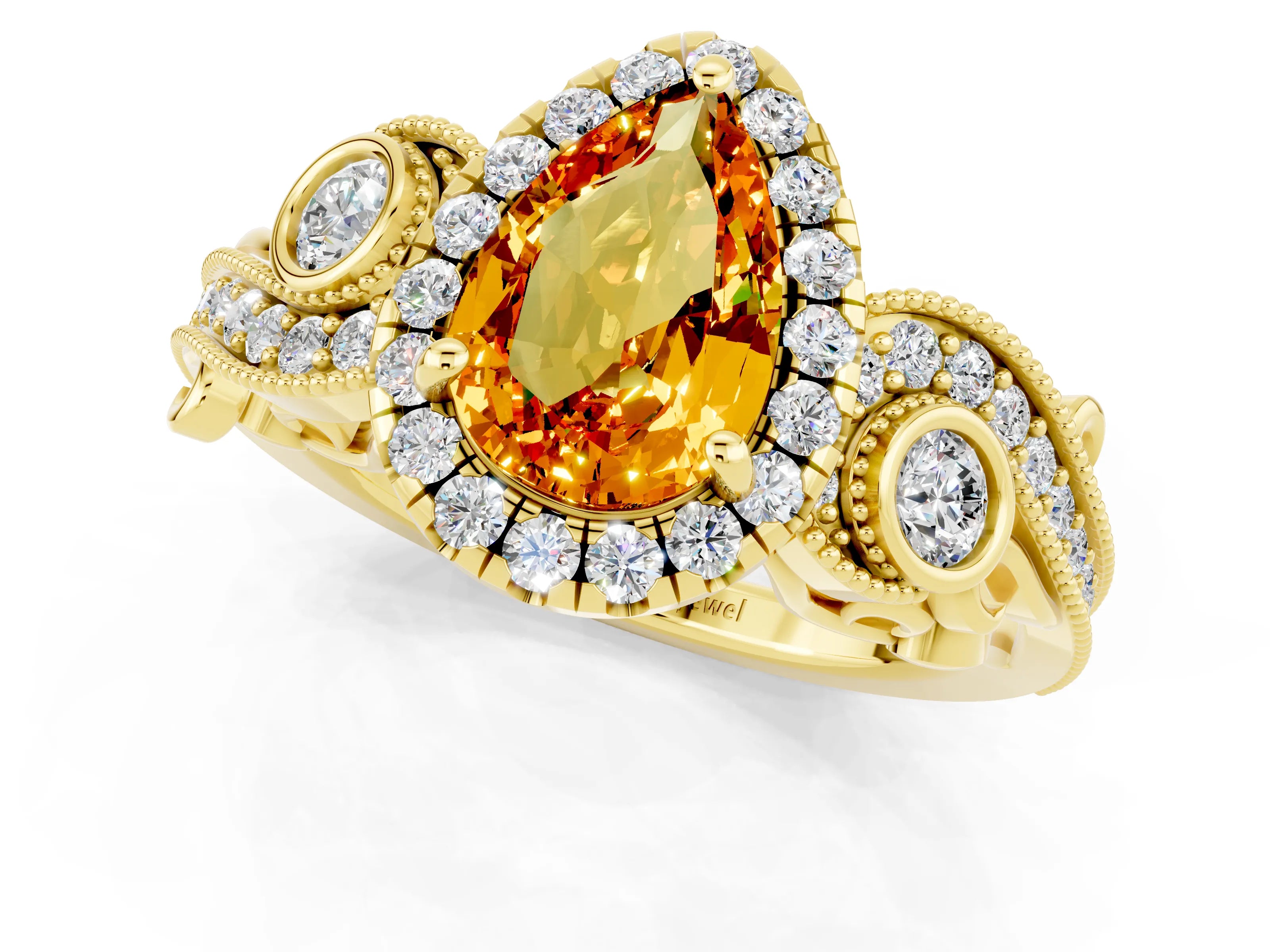 Yellow gold Pear Cut Citrine Halo Ring with Milgrain Pavé Band and Four-Prong Setting_13