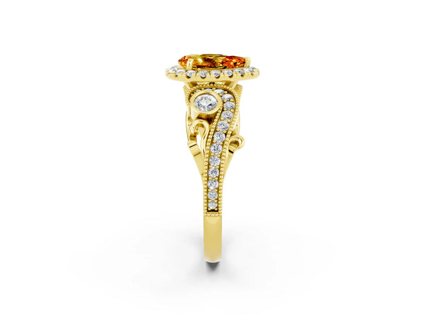 Yellow gold Pear Cut Citrine Halo Ring with Milgrain Pavé Band and Four-Prong Setting