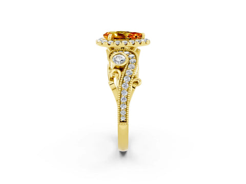 Yellow gold Pear Cut Citrine Halo Ring with Milgrain Pavé Band and Four-Prong Setting_14