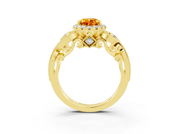 Yellow gold Pear Cut Citrine Halo Ring with Milgrain Pavé Band and Four-Prong Setting