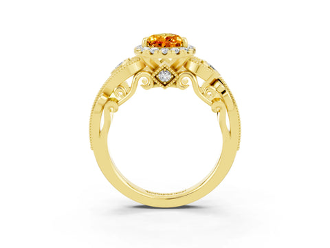 Yellow gold Pear Cut Citrine Halo Ring with Milgrain Pavé Band and Four-Prong Setting_15