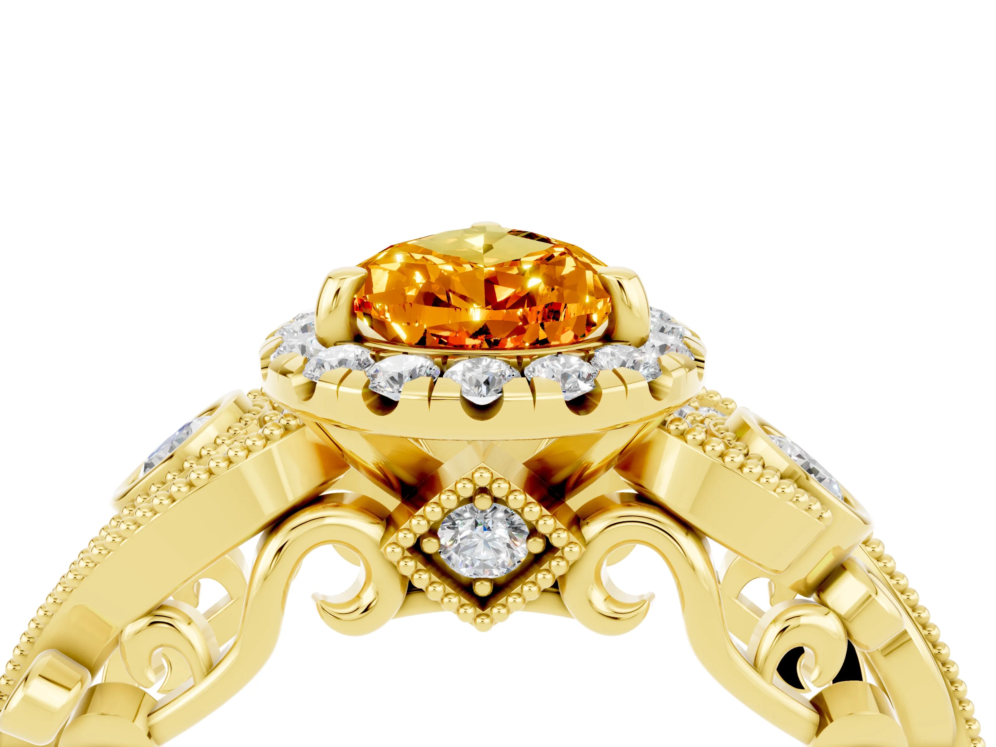 Yellow gold Pear Cut Citrine Halo Ring with Milgrain Pavé Band and Four-Prong Setting_16