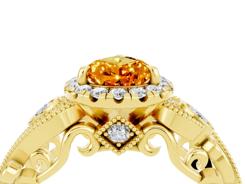 Yellow gold Pear Cut Citrine Halo Ring with Milgrain Pavé Band and Four-Prong Setting_16