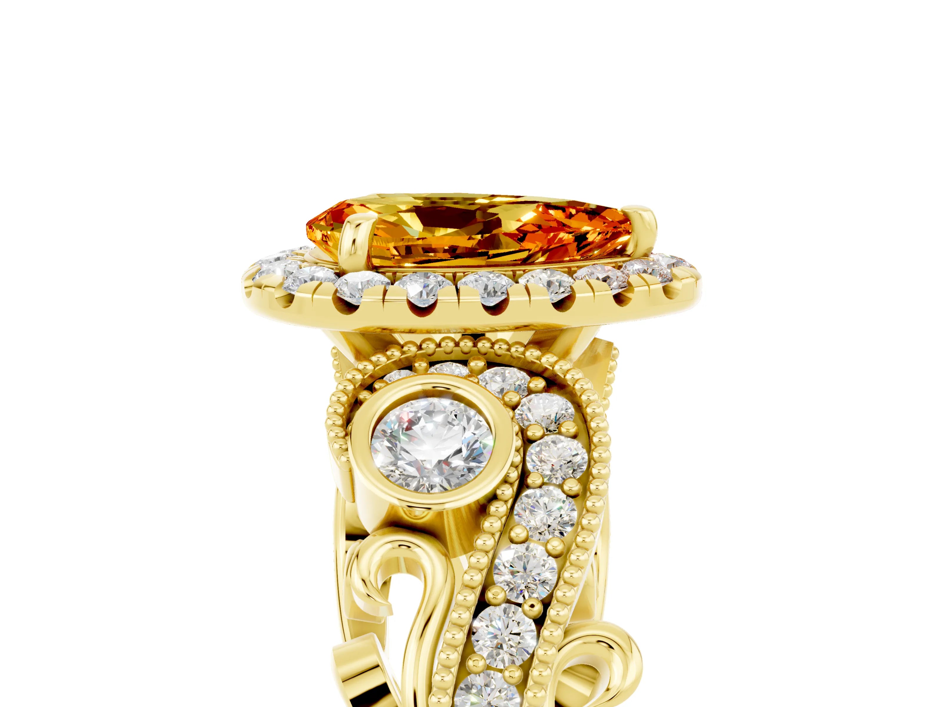 Yellow gold Pear Cut Citrine Halo Ring with Milgrain Pavé Band and Four-Prong Setting_17