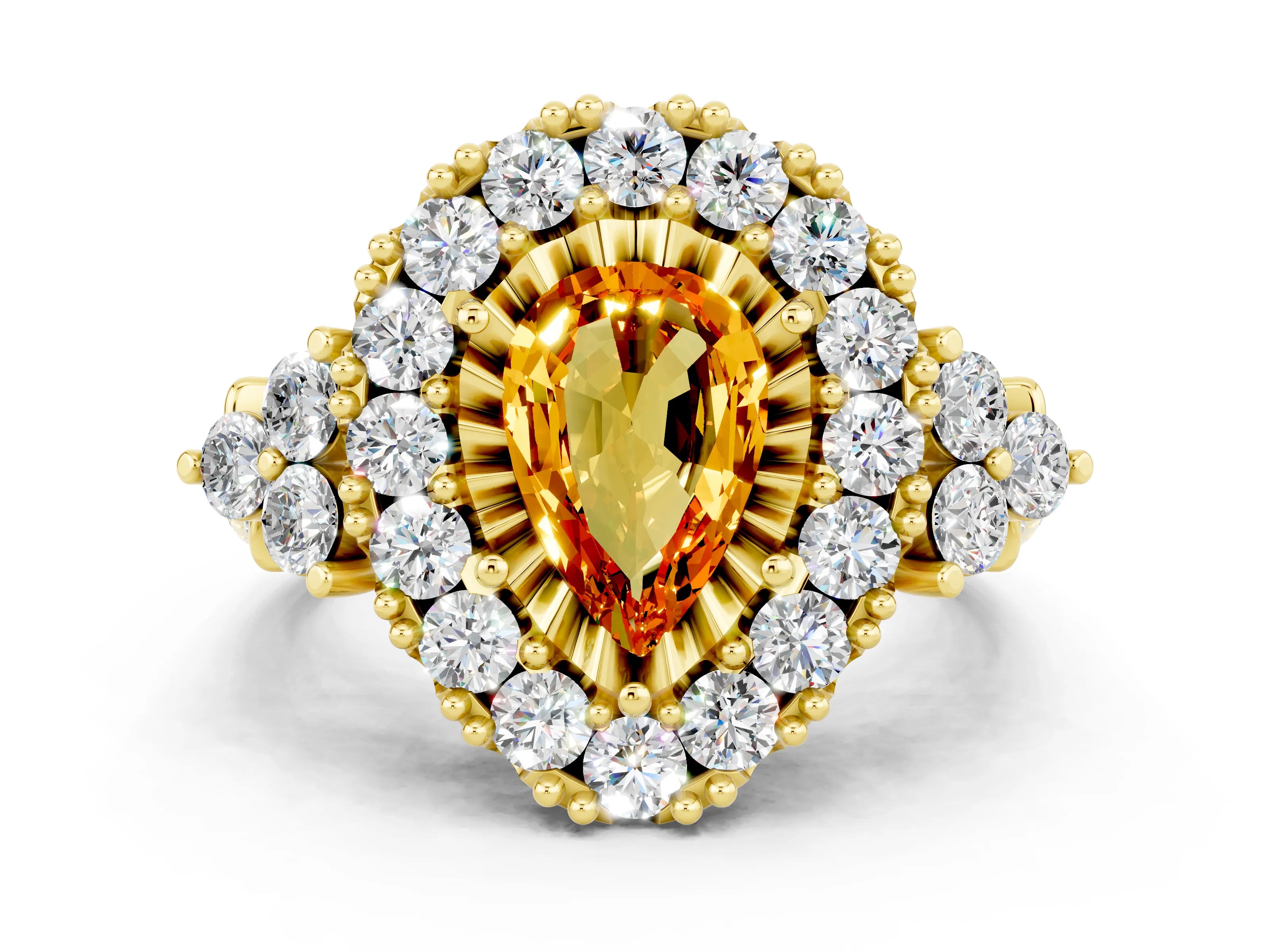 Yellow gold Pear Cut Citrine Halo Ring with Pavé Band and Four-Prong Setting_12