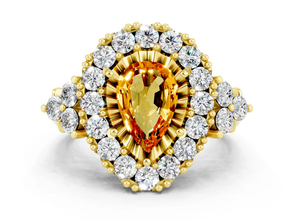 Yellow gold Pear Cut Citrine Halo Ring with Pavé Band and Four-Prong Setting