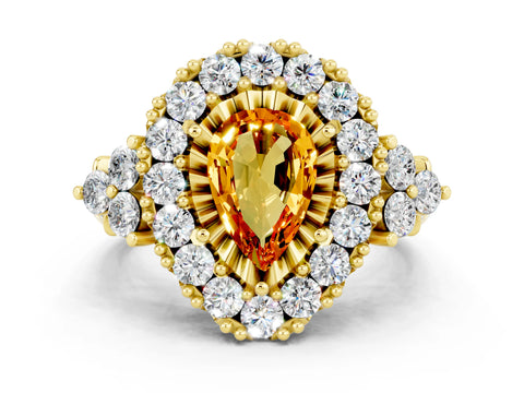Yellow gold Pear Cut Citrine Halo Ring with Pavé Band and Four-Prong Setting_12