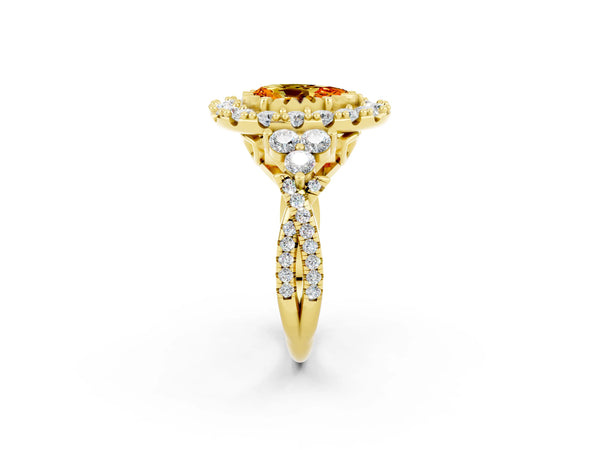 Yellow gold Pear Cut Citrine Halo Ring with Pavé Band and Four-Prong Setting