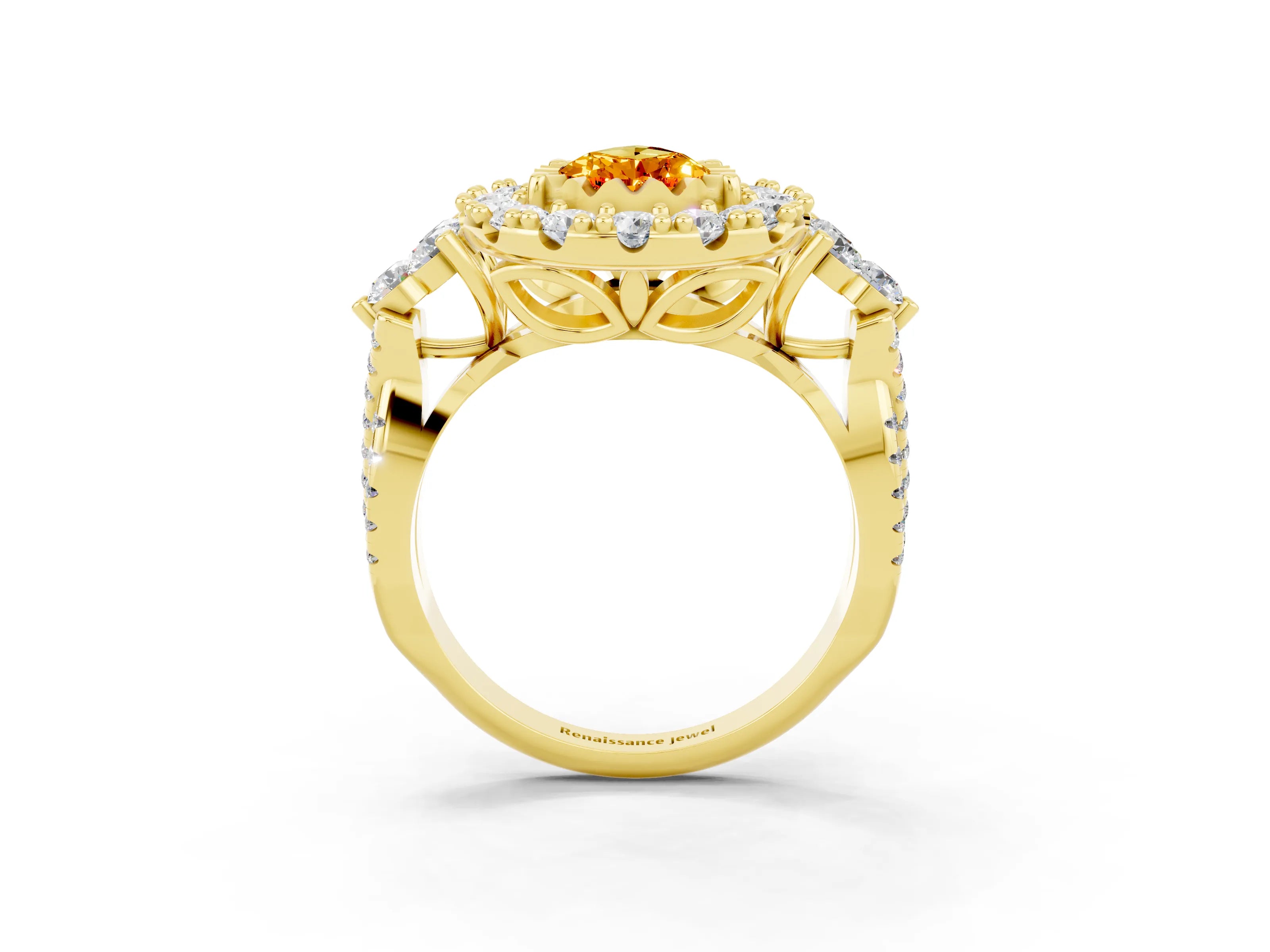 Yellow gold Pear Cut Citrine Halo Ring with Pavé Band and Four-Prong Setting_15