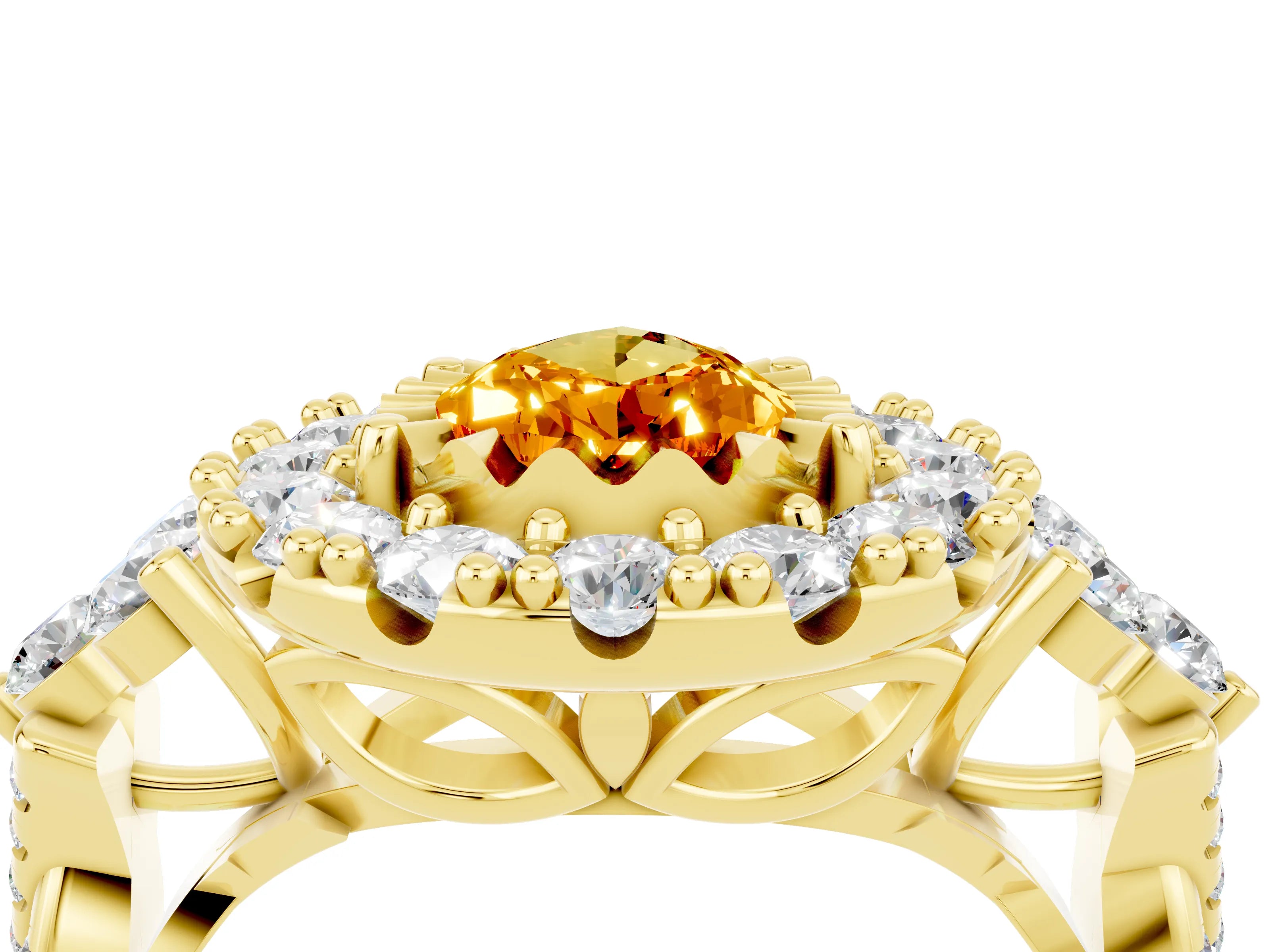 Yellow gold Pear Cut Citrine Halo Ring with Pavé Band and Four-Prong Setting_16