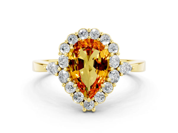Yellow gold Pear Cut Citrine Halo Ring with Pear Side Stones and Prong Setting