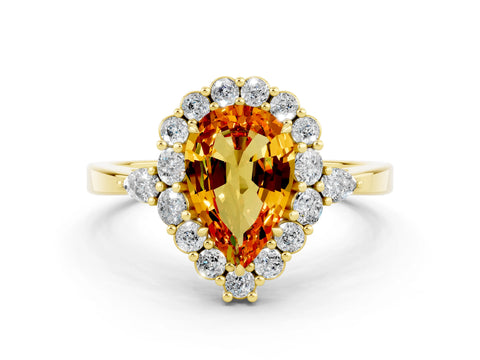 Yellow gold Pear Cut Citrine Halo Ring with Pear Side Stones and Prong Setting_12