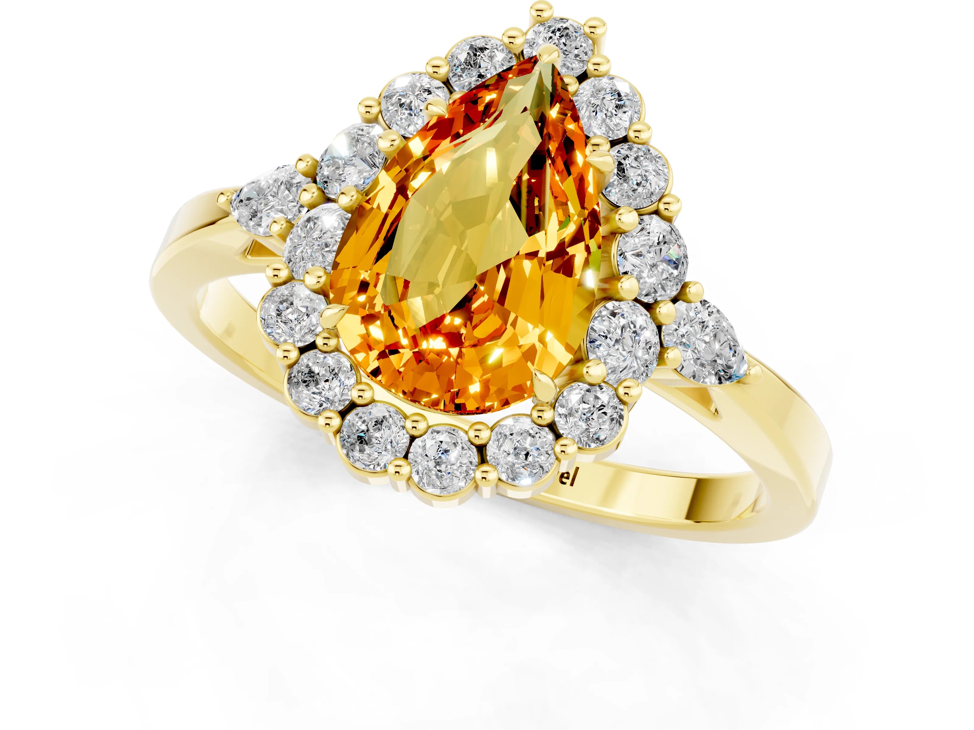 Yellow gold Pear Cut Citrine Halo Ring with Pear Side Stones and Prong Setting_13