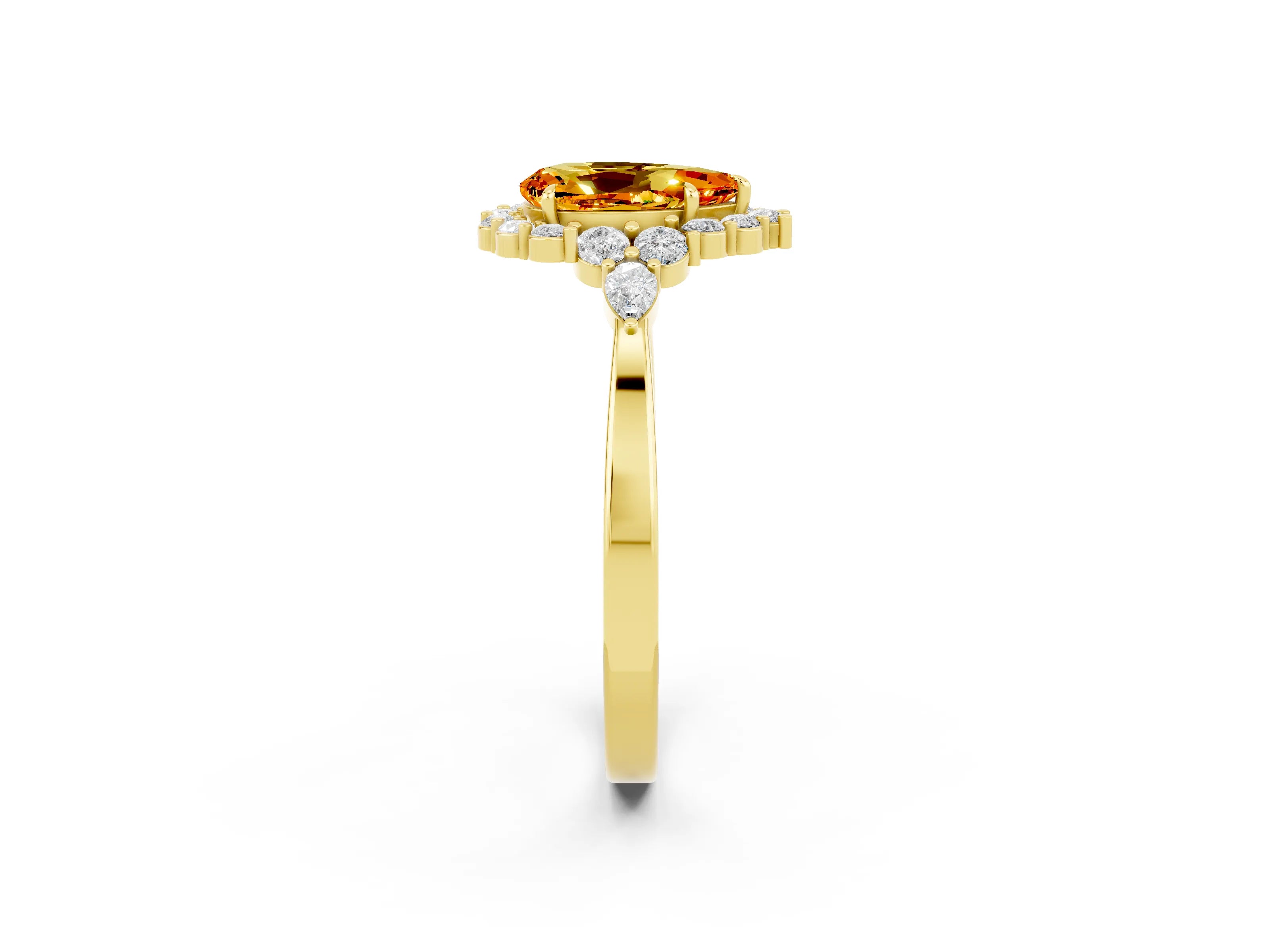 Yellow gold Pear Cut Citrine Halo Ring with Pear Side Stones and Prong Setting_14