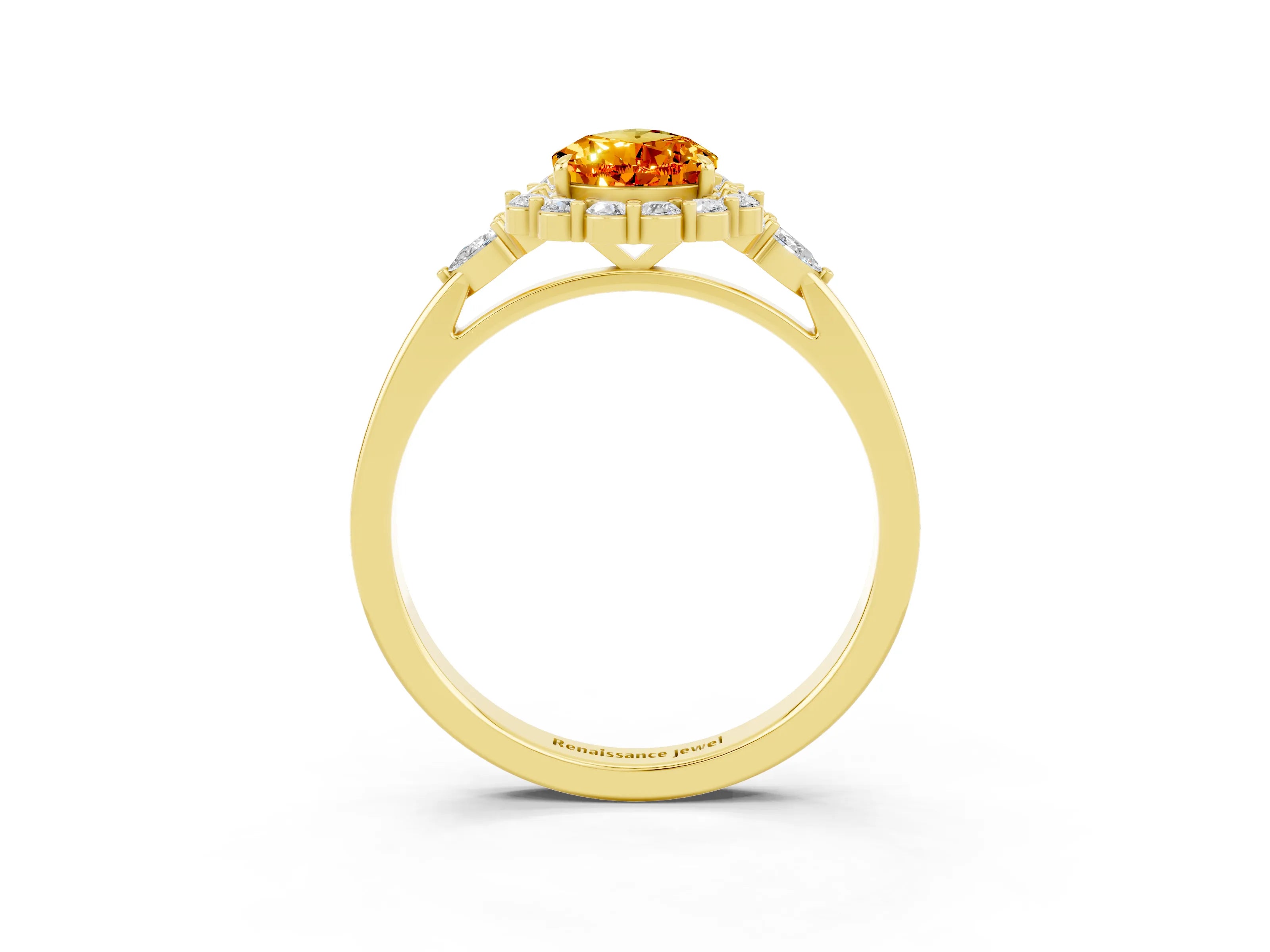 Yellow gold Pear Cut Citrine Halo Ring with Pear Side Stones and Prong Setting_15