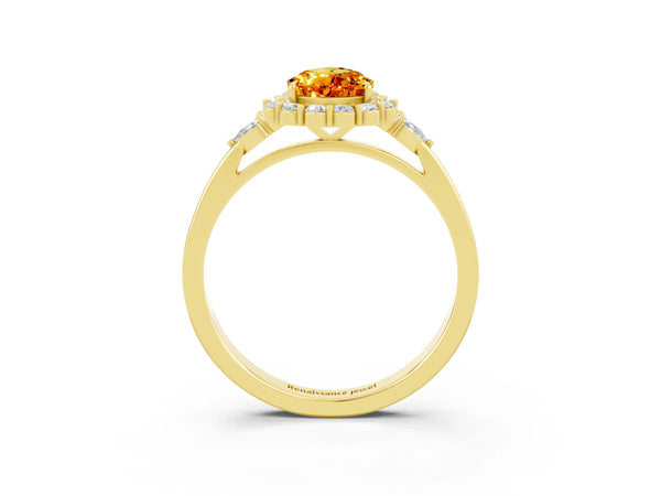 Yellow gold Pear Cut Citrine Halo Ring with Pear Side Stones and Prong Setting