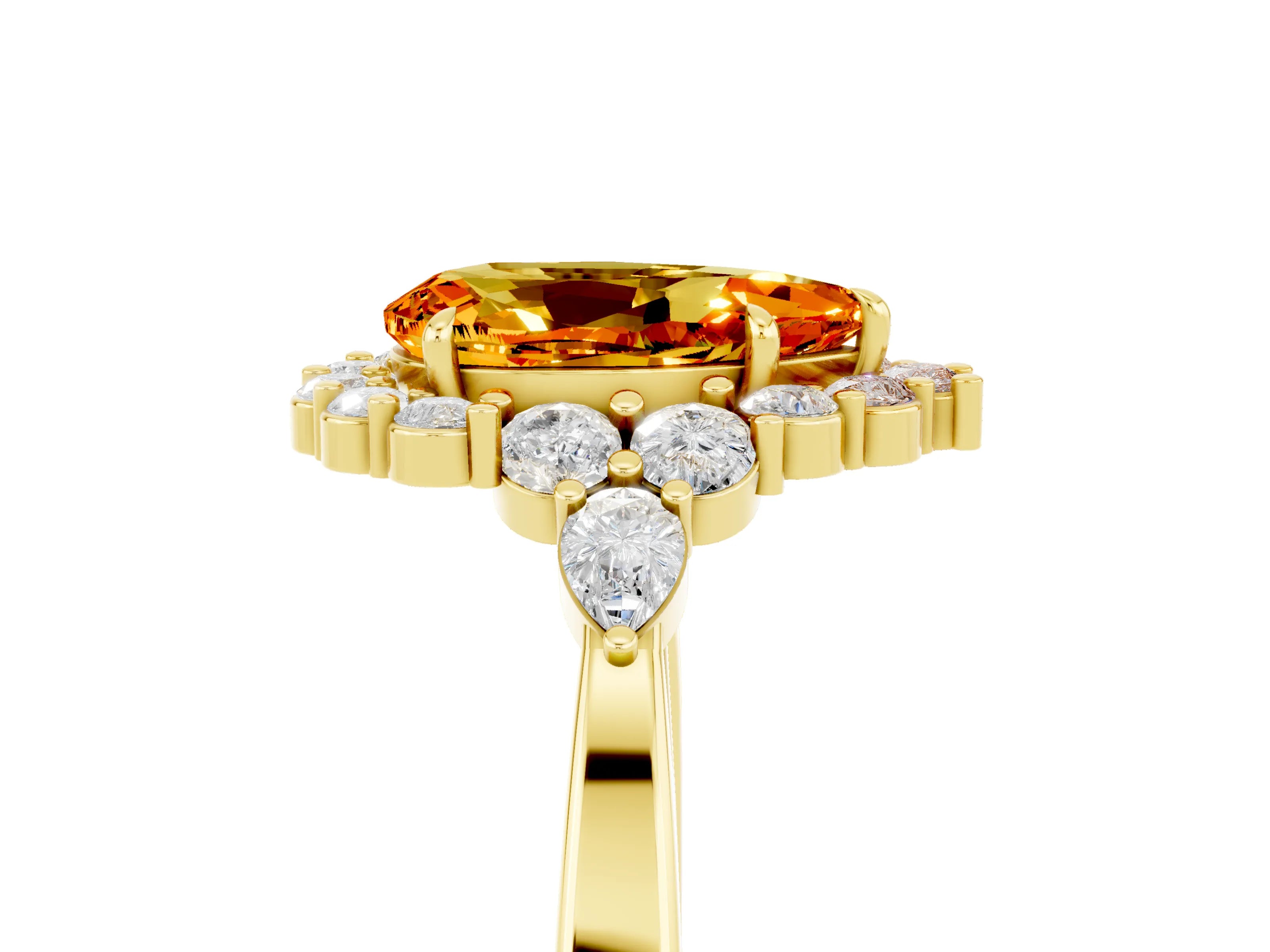 Yellow gold Pear Cut Citrine Halo Ring with Pear Side Stones and Prong Setting_17