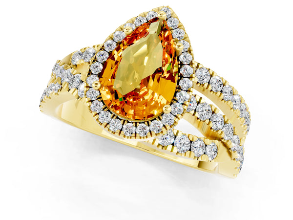 Yellow gold Pear Cut Citrine Halo Ring with Round Split Shank and Prong Setting