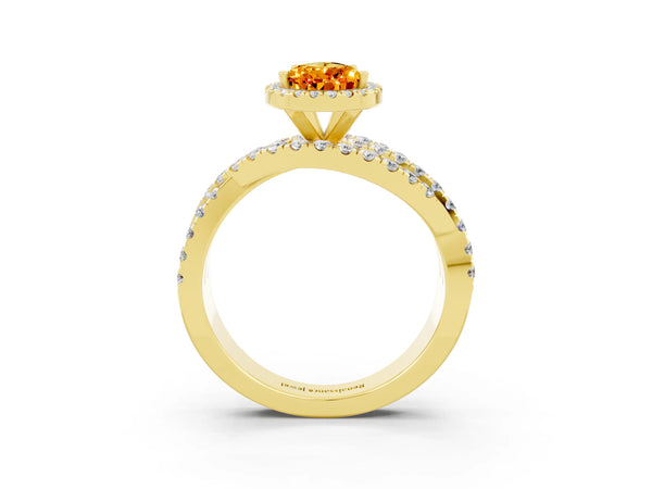 Yellow gold Pear Cut Citrine Halo Ring with Round Split Shank and Prong Setting
