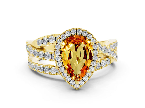 Yellow gold Pear Cut Citrine Halo Ring with Round Split Shank and Prong Setting