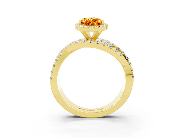 Yellow gold Pear Cut Citrine Halo Ring with Round Split Shank and Prong Setting
