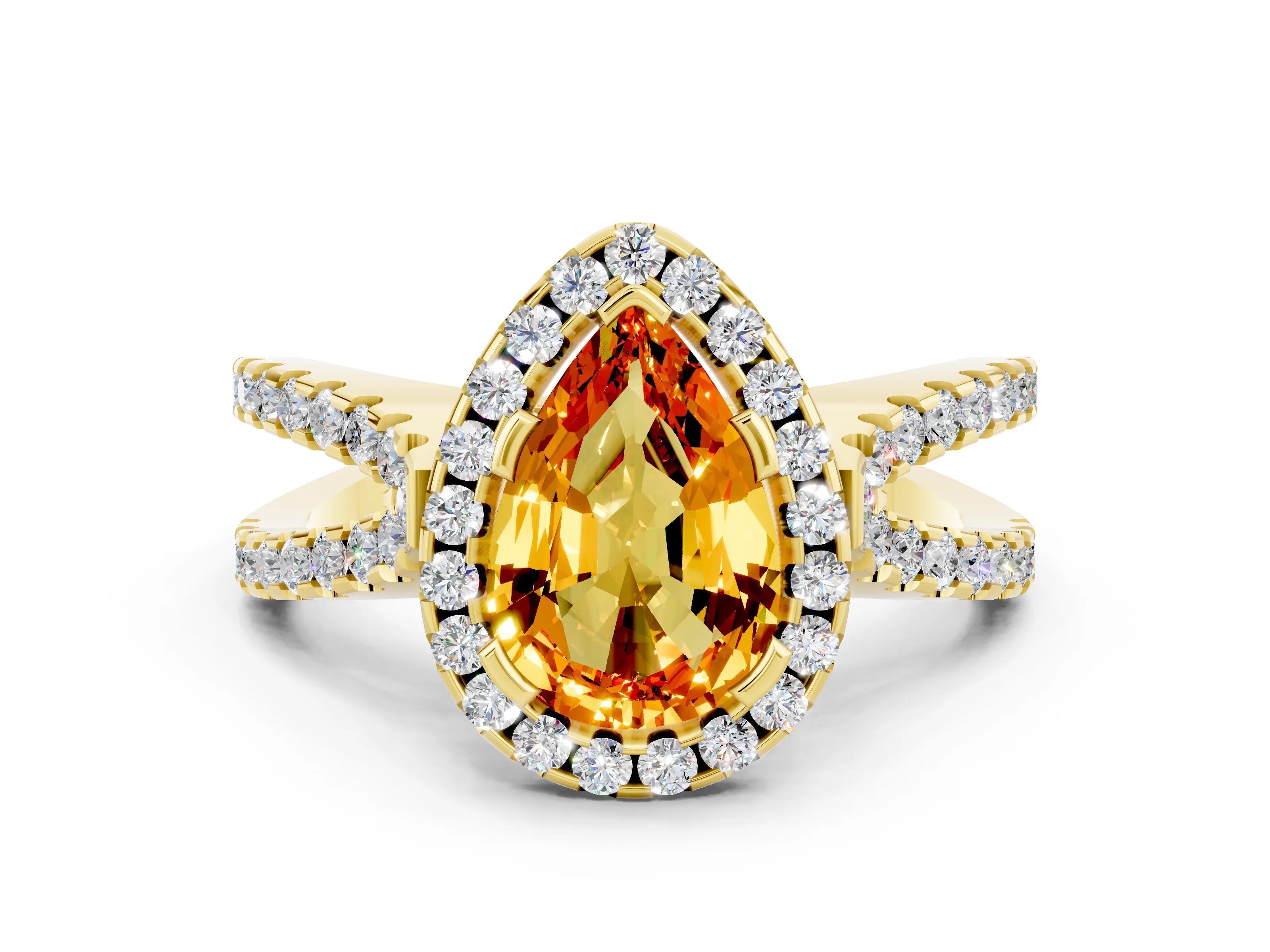 Yellow gold Pear Cut Citrine Halo Ring with Split Shank Pavé Band and Prong Setting