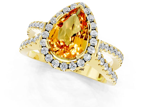 Yellow gold Pear Cut Citrine Halo Ring with Split Shank Pavé Band and Prong Setting_1