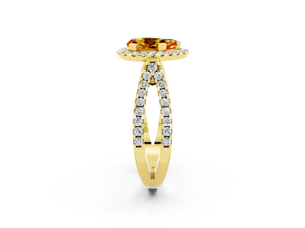 Yellow gold Pear Cut Citrine Halo Ring with Split Shank Pavé Band and Prong Setting
