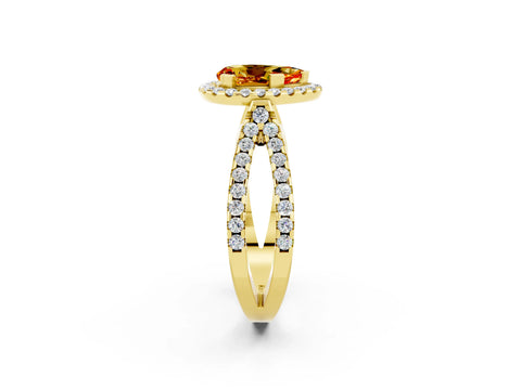 Yellow gold Pear Cut Citrine Halo Ring with Split Shank Pavé Band and Prong Setting_2
