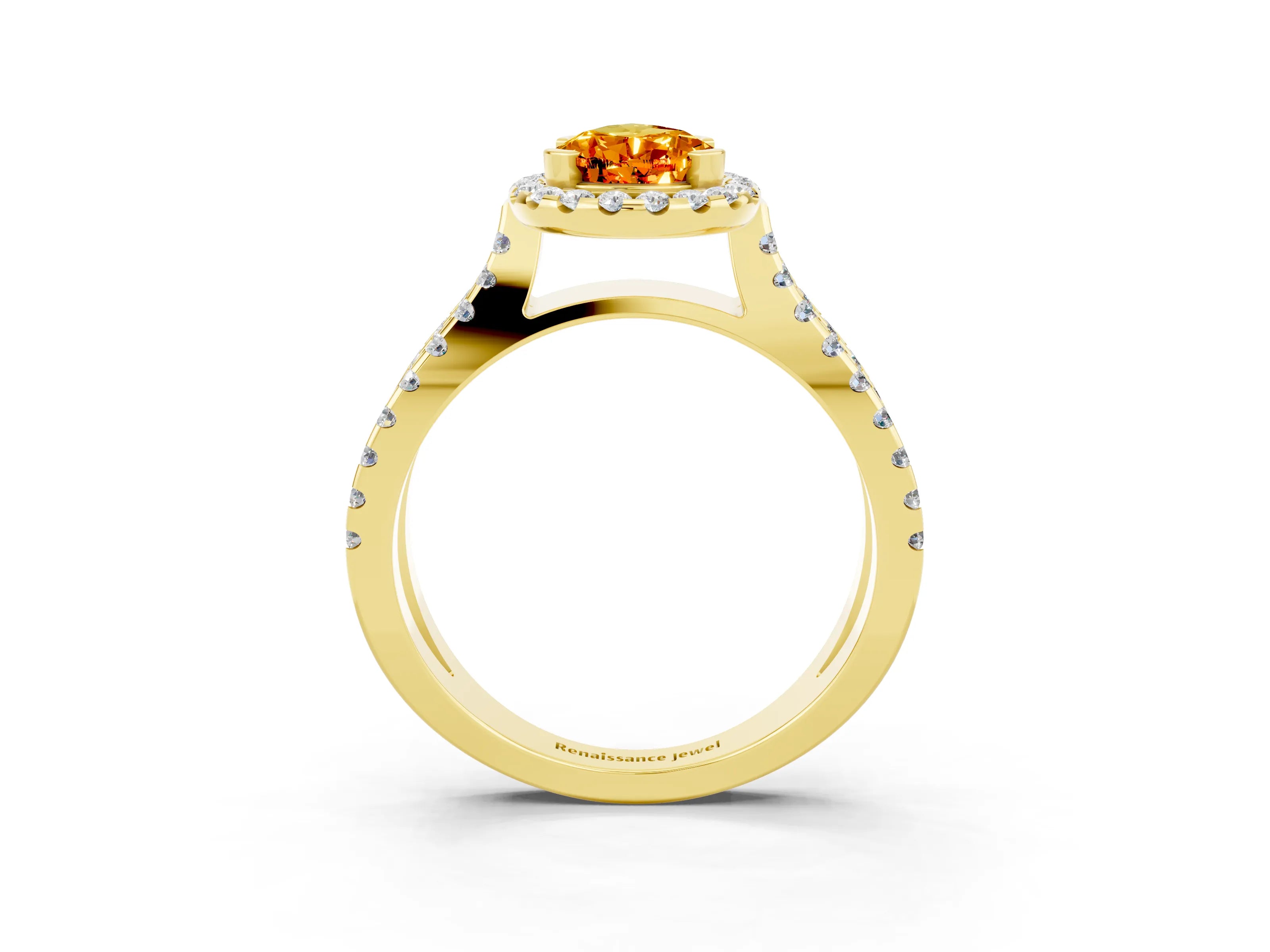 Yellow gold Pear Cut Citrine Halo Ring with Split Shank Pavé Band and Prong Setting_3