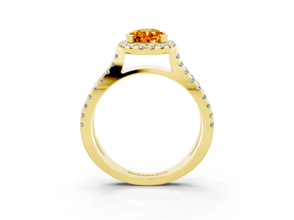 Yellow gold Pear Cut Citrine Halo Ring with Split Shank Pavé Band and Prong Setting