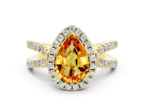Yellow gold Pear Cut Citrine Halo Ring with Split Shank Pavé Band and Prong Setting