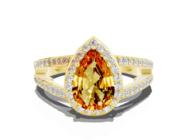Yellow gold Pear Cut Citrine Halo Ring with Split Shank U-Prong Band and Four-Prong Setting