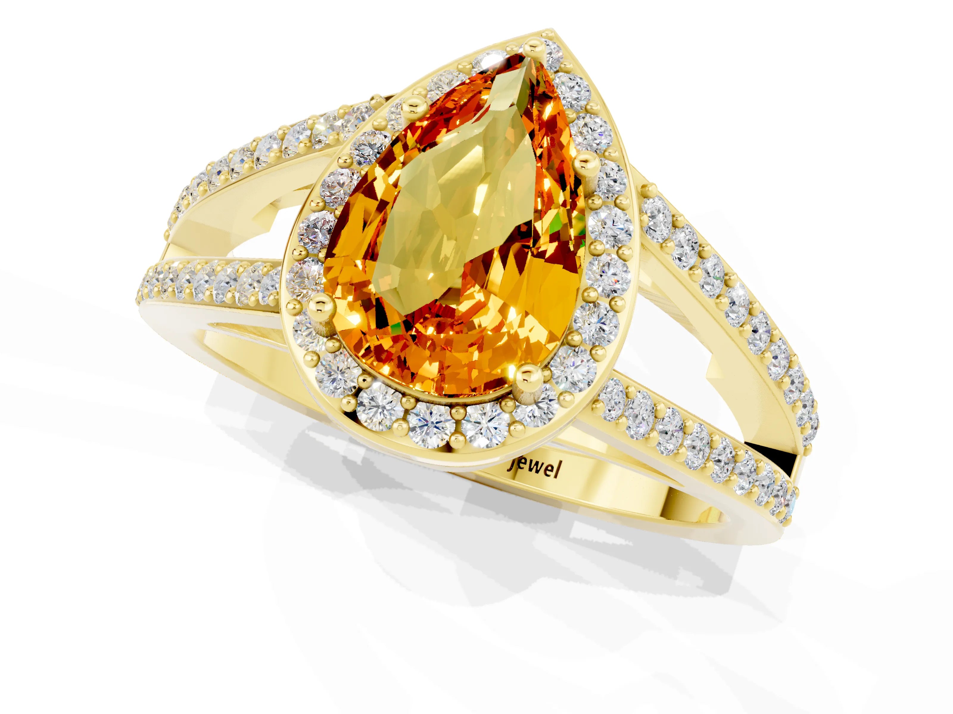 Yellow gold Pear Cut Citrine Halo Ring with Split Shank U-Prong Band and Four-Prong Setting_1