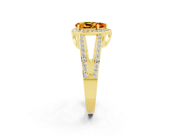 Yellow gold Pear Cut Citrine Halo Ring with Split Shank U-Prong Band and Four-Prong Setting