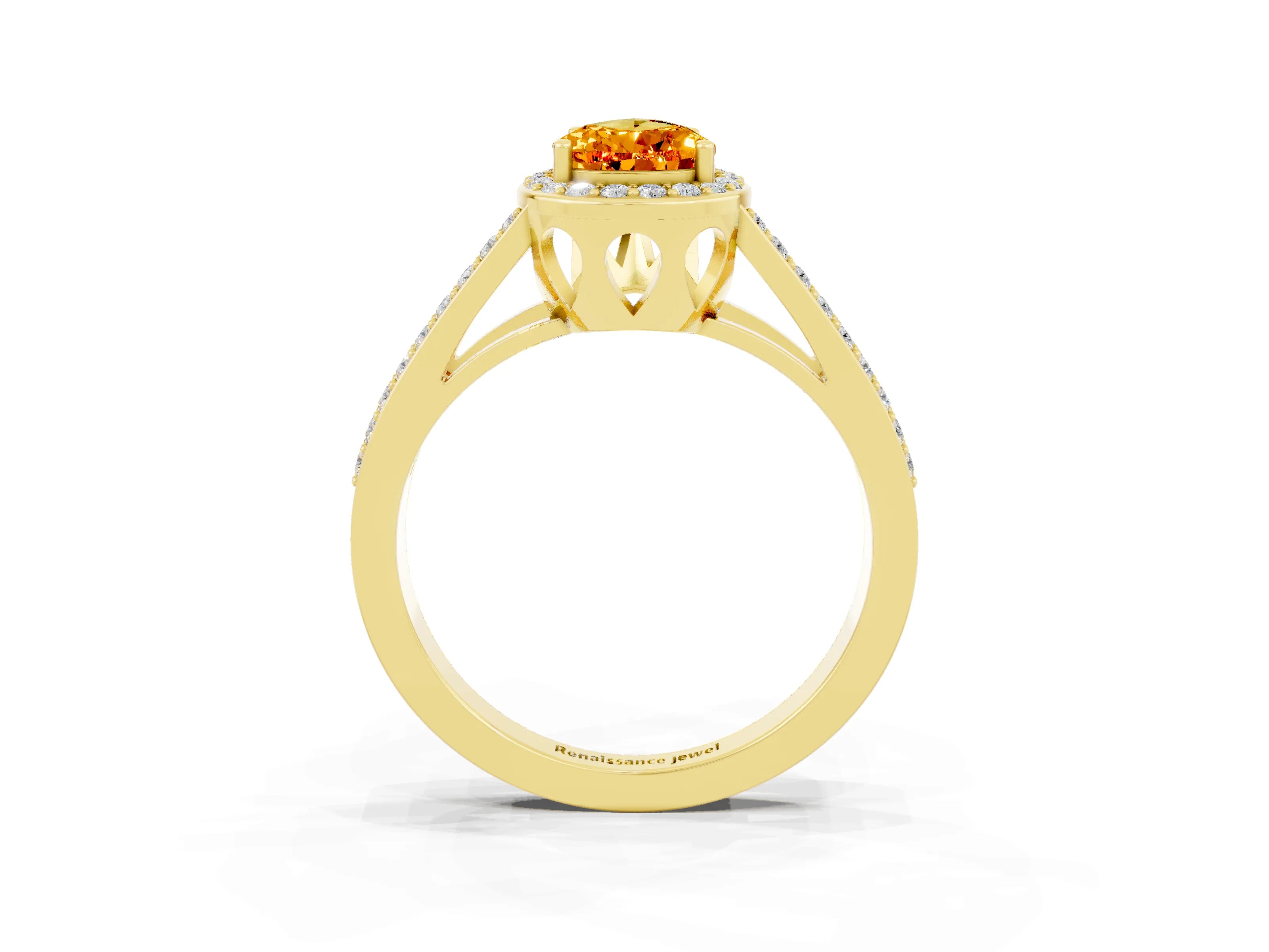 Yellow gold Pear Cut Citrine Halo Ring with Split Shank U-Prong Band and Four-Prong Setting_3