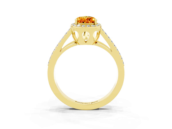Yellow gold Pear Cut Citrine Halo Ring with Split Shank U-Prong Band and Four-Prong Setting