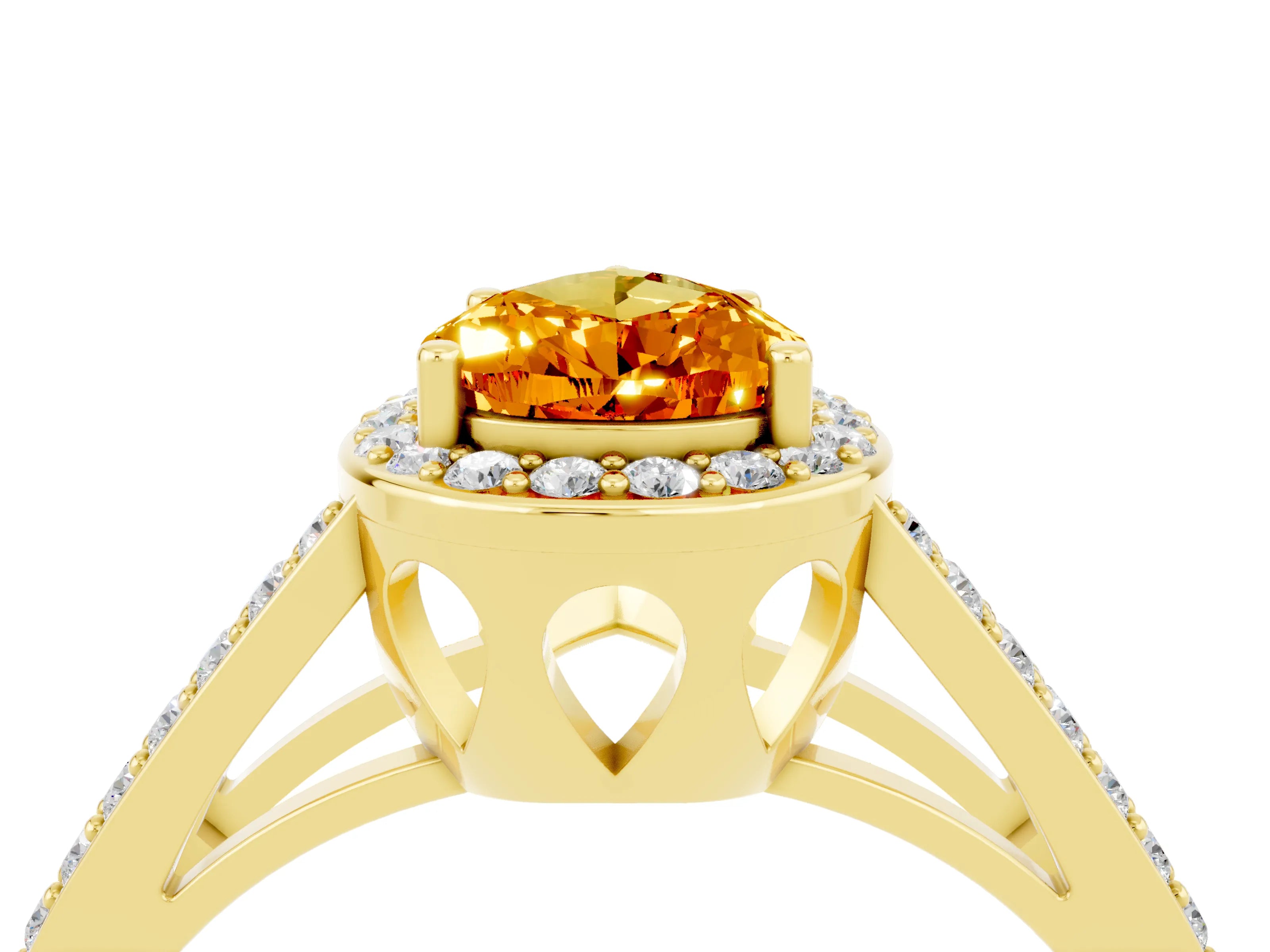 Yellow gold Pear Cut Citrine Halo Ring with Split Shank U-Prong Band and Four-Prong Setting_4
