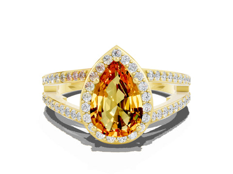 Yellow gold Pear Cut Citrine Halo Ring with Split Shank U-Prong Band and Four-Prong Setting
