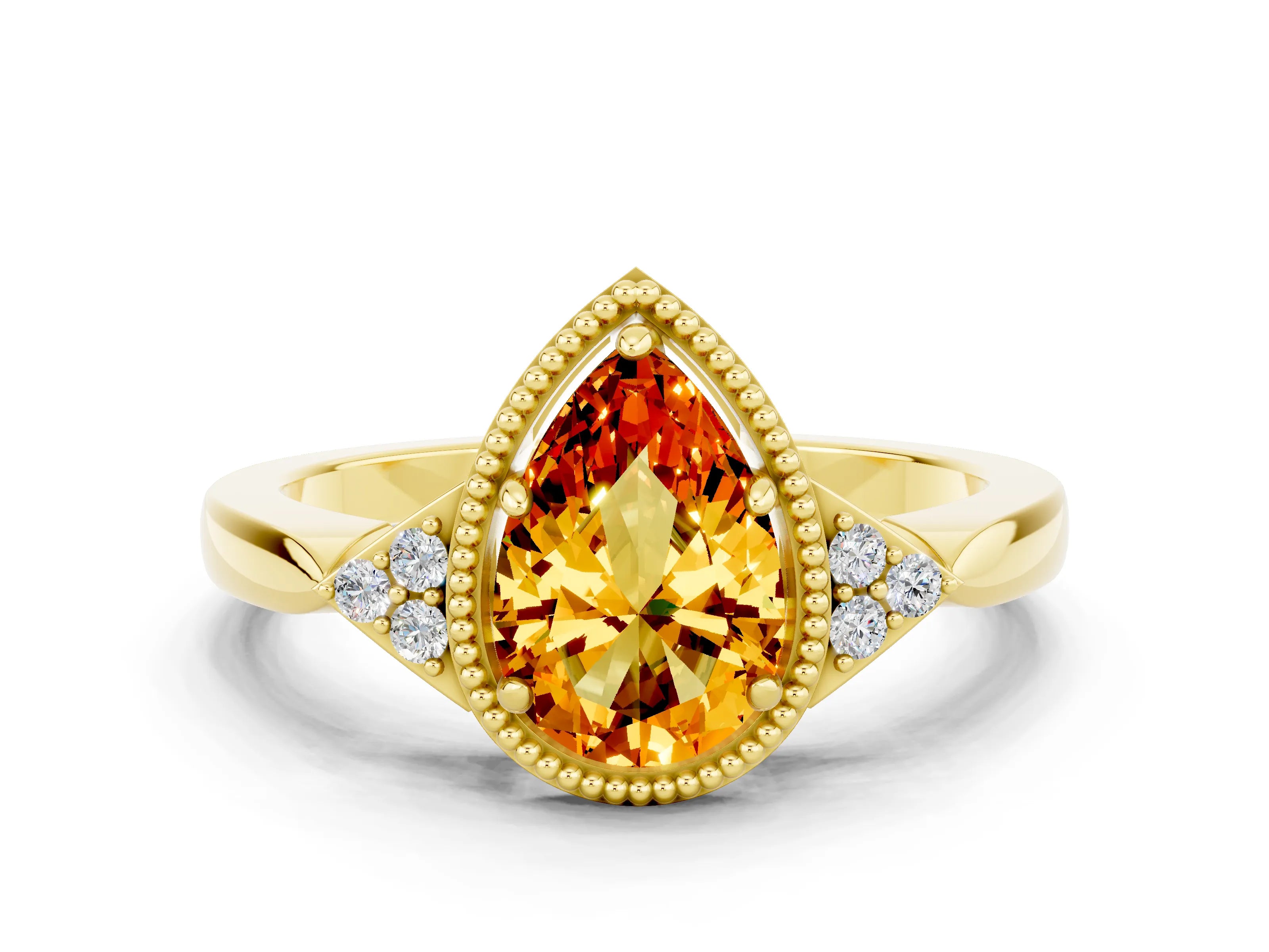 Yellow gold Pear Cut Citrine Halo Ring with Tapered Band and Four-Prong Setting