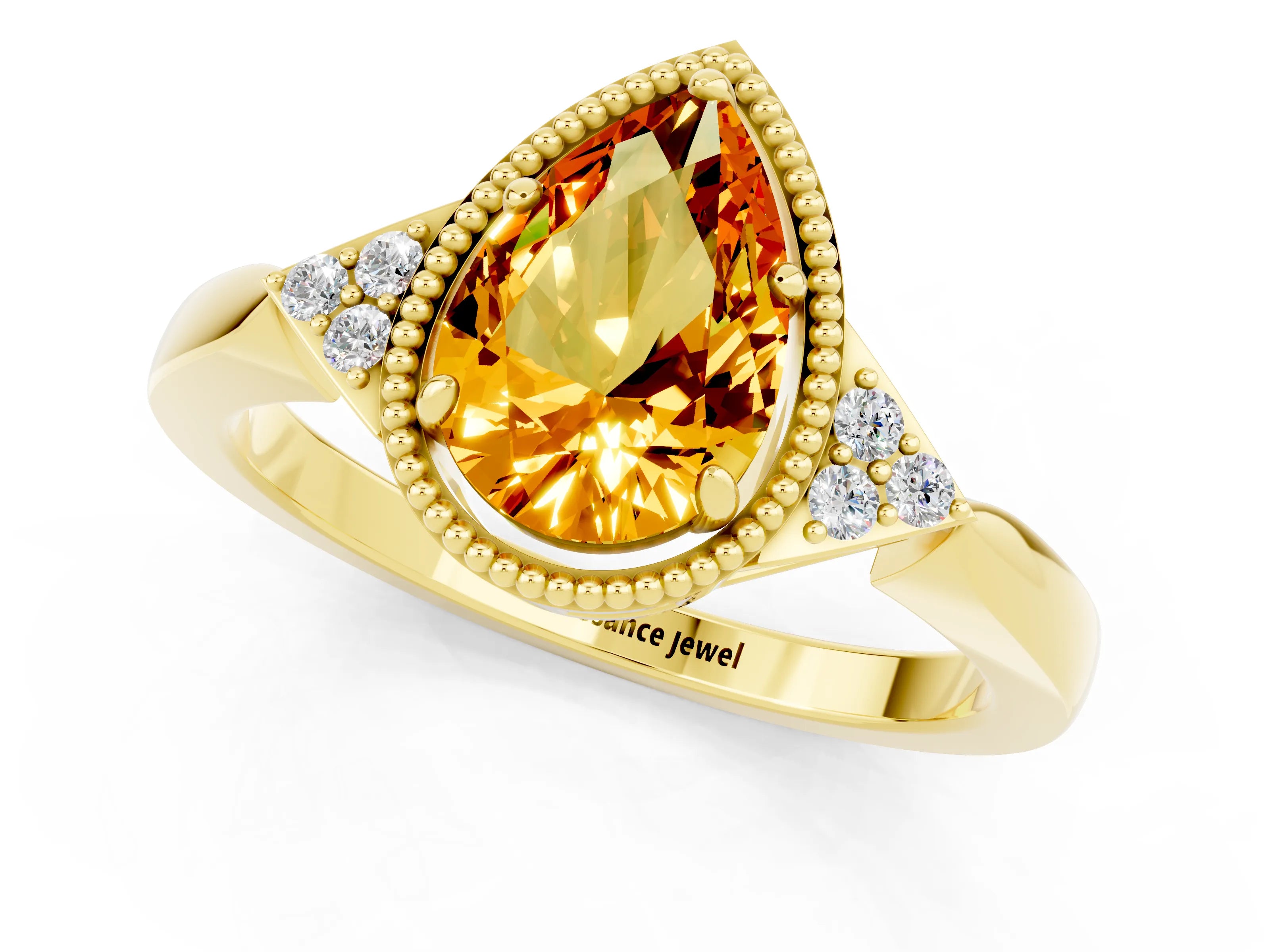 Yellow gold Pear Cut Citrine Halo Ring with Tapered Band and Four-Prong Setting_1