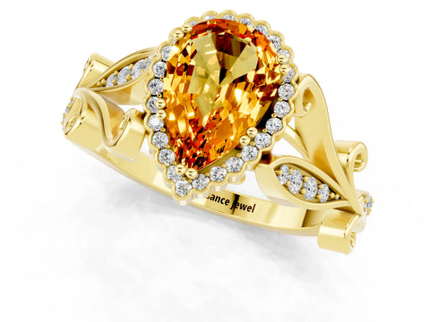 Yellow gold Pear Cut Citrine Halo Ring with Vintage Split Shank and Four-Prong Setting_1