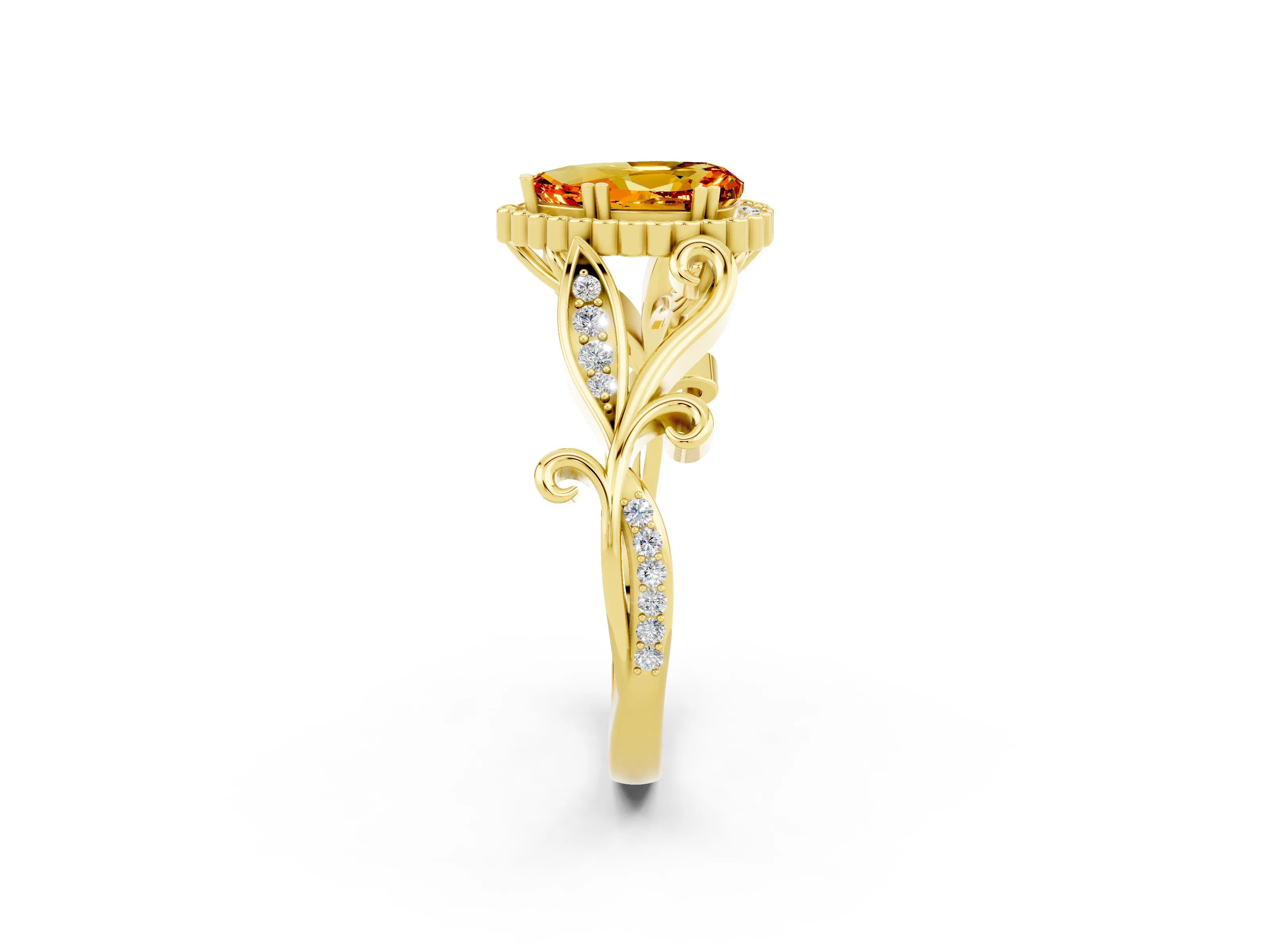 Yellow gold Pear Cut Citrine Halo Ring with Vintage Split Shank and Four-Prong Setting_2