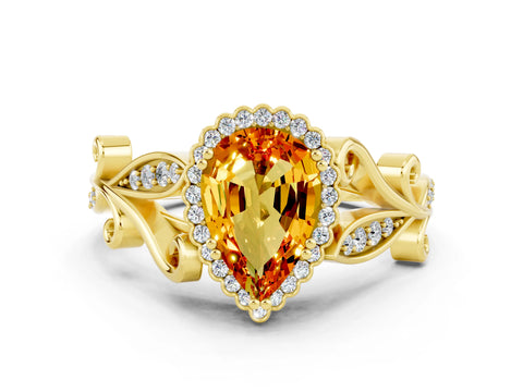 Yellow gold Pear Cut Citrine Halo Ring with Vintage Split Shank and Four-Prong Setting