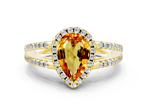Yellow gold Pear Cut Citrine Halo Split Shank Engagement Ring