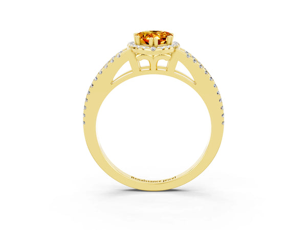 Yellow gold Pear Cut Citrine Halo Split Shank Engagement Ring