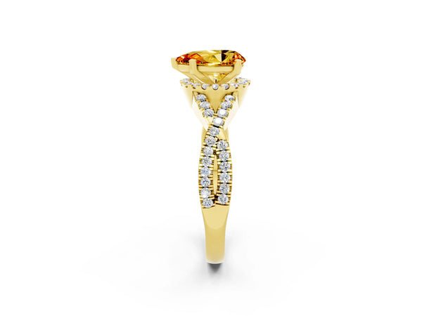 Yellow gold Pear Cut Citrine  Halo Twist Band Solitaire Prong Setting Ring